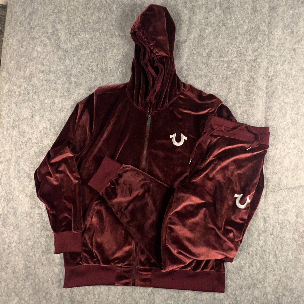 True Religion Men's Velour Tracksuit Burgundy Hoodie 2XL Joggers XL Set